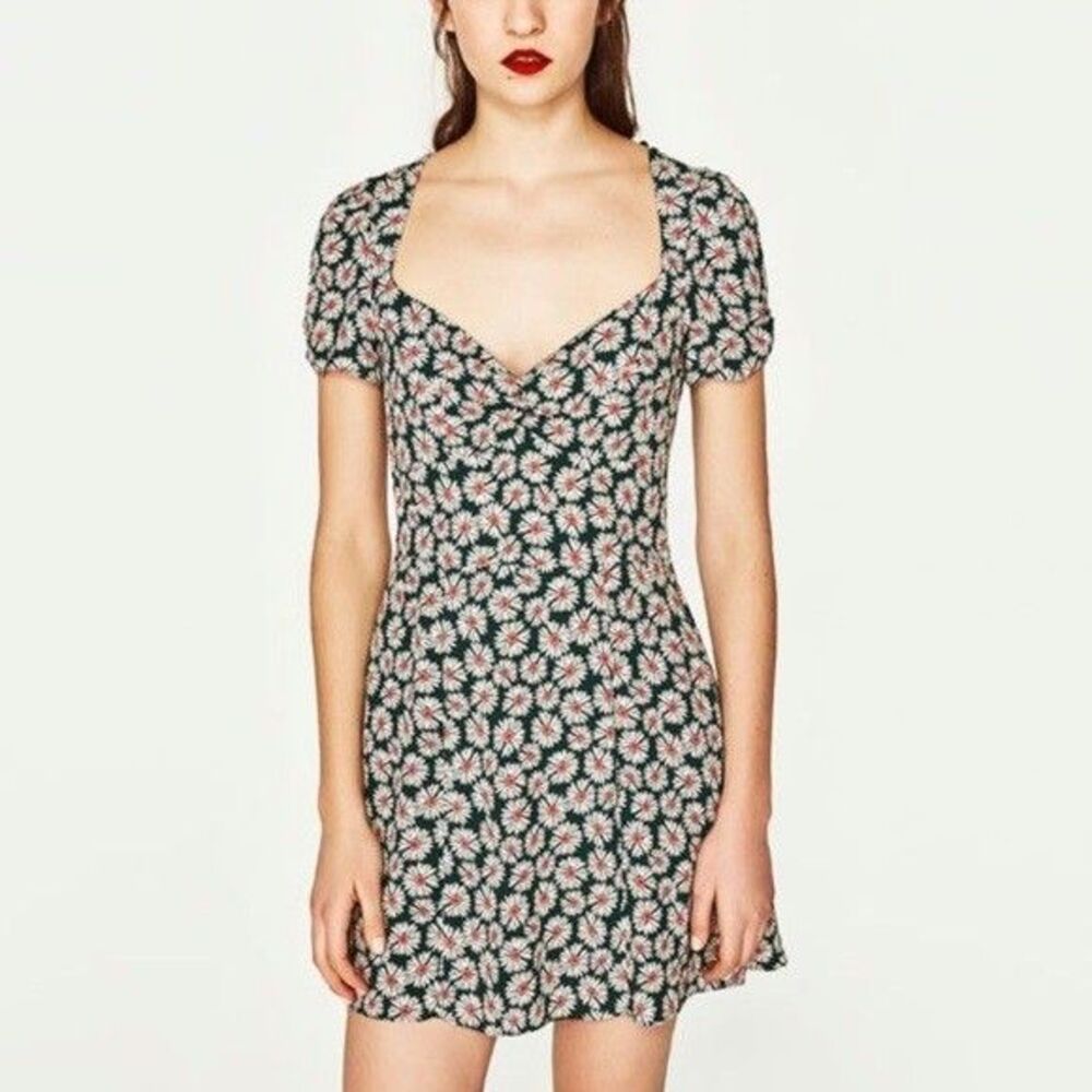 Zara Green Floral Midi Dress with Pink and White Daisies